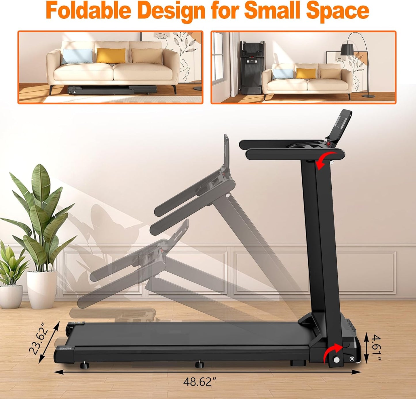 Folding Treadmill with 2.5HP Motor, APP Control, LED Display, Compact Walking/Running Machine with Phone Holder & Safety Key, 300 Lbs Capacity for Home Workout