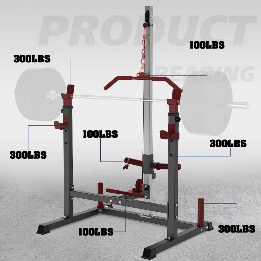 Power Rack with LAT Pulldown Pulley System Adjustable Multifunctional Squat Rack Power Cage with Jhooks Home Gym