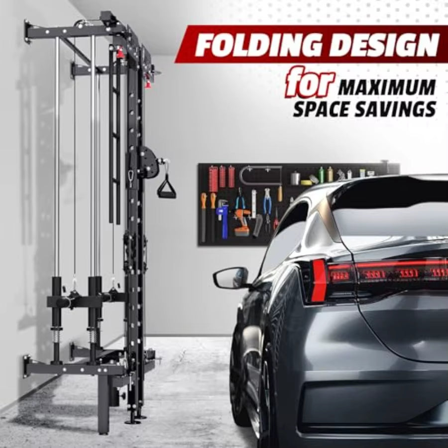 Folding Squat Rack Wall Mounted Power Rack with Cable Crossover Machine and LAT Pull down Multifunction Spacesaving Power Cage