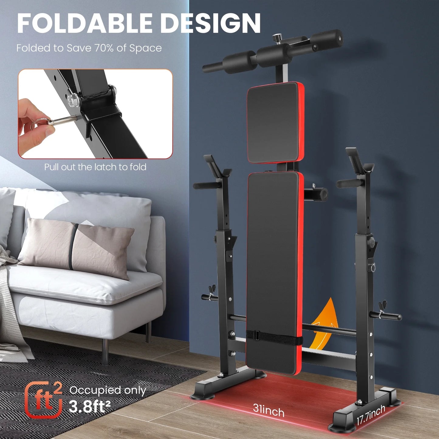 Foldable , Adjustable Weight Bench Set with Barbell Rack Removable Foot Catch for Incline Flat Decline Sit up Bench Press Set for Full Body Exercise