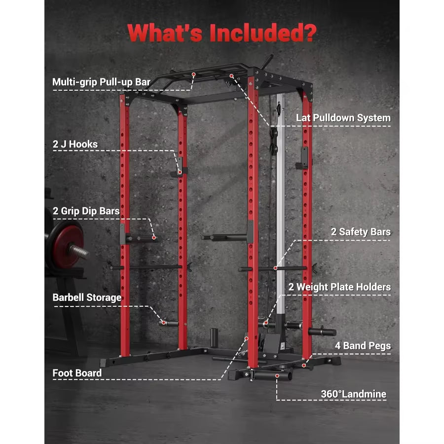Power Cage Power Racks for Home Gym with Pulley System 1200LBS Weight Capacity Multifunctional Squat Rack for Strength Workout