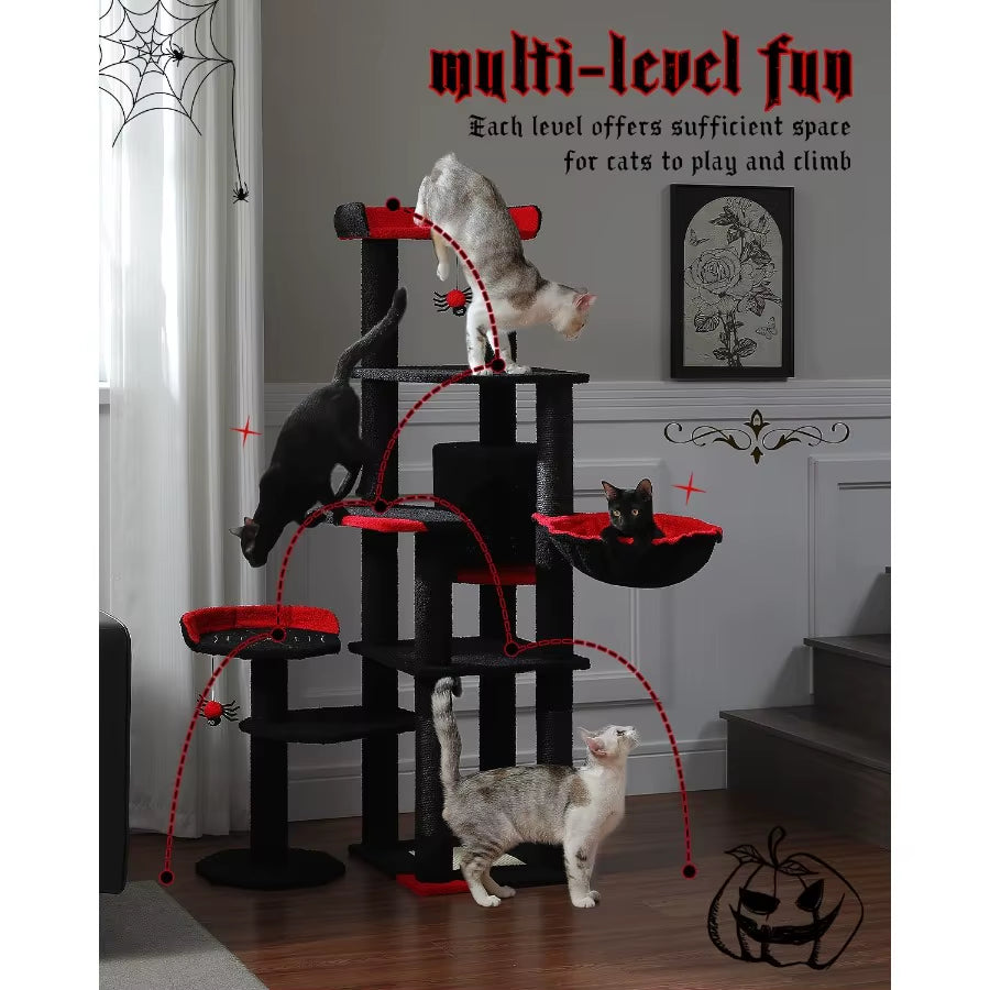 59 Gothic Cat Tree with Coffin Bed for Indoor Cats Spacious Cat Condo Featuring Cozy Hammock Spider Hanging Balls Sisal Scratch