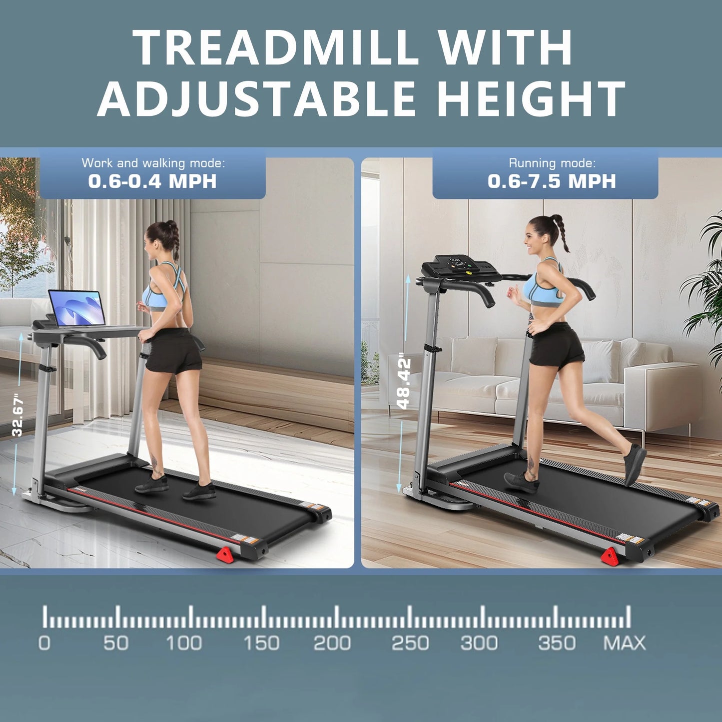 300Lbs Treadmill with Desk - 2.5 HP Portable Folding Treadmill for Home, Running Machine with Incline（Gray）