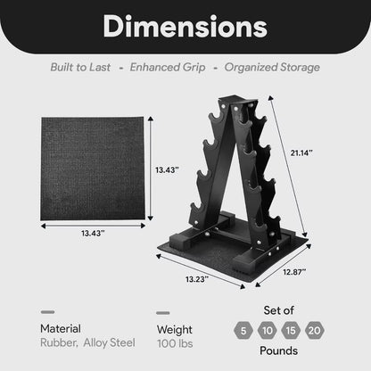 Rubber Coated Hex Dumbbell Weight Set with Storage Rack for Home Gym and Fitness Training Available in 100LB 150LB or 200LB Con