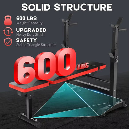 600Lbs 6-In-1 Adjustable Weight Bench Set with Integrated Squat Rack and Foldable Design for Home Gym Use Features Removable Fo
