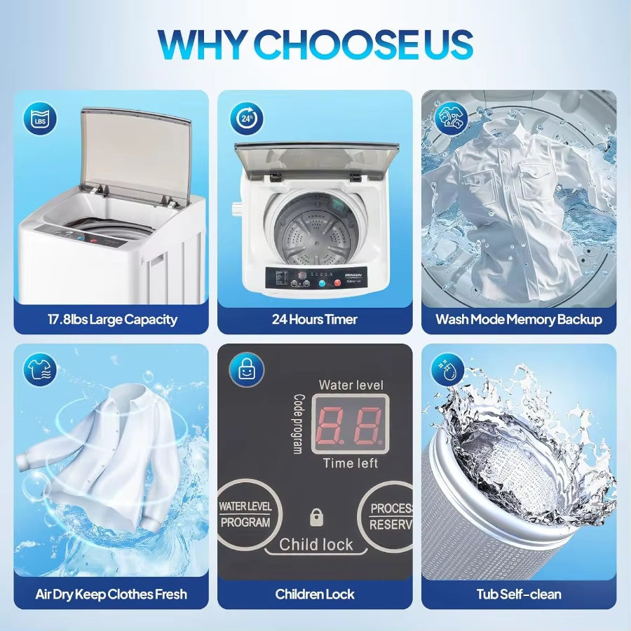 17.8LBS Portable Fullautomatic Electric Washing Machine with Stainless Steel Drum Compact Washer and Spin Dryer Combo Featuring
