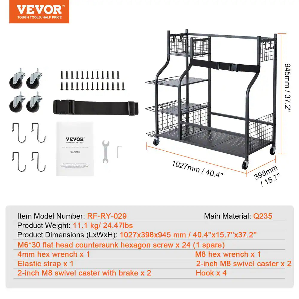 Golf Storage Garage Organizer 66 Lbs. Rolling Ball Cart on Wheels Outdoor Sport Gear and Toy Storage