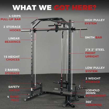 Smith Machine Home Gym, Multi-Functional Squat Rack with Lat Pull down System, Workout Station with Weight Bar, Bend Peg and Other Functional Attachments