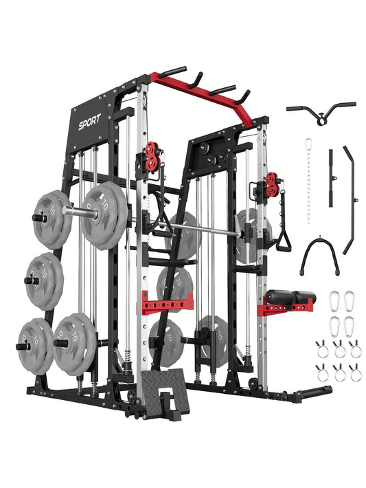 Smith Machine for Home Gym, Multifunctional Strength Training Power Cage with T Bar, Lat-Pull down System and Cable System, 2200 Lbs Squat Rack with More Training Attachment