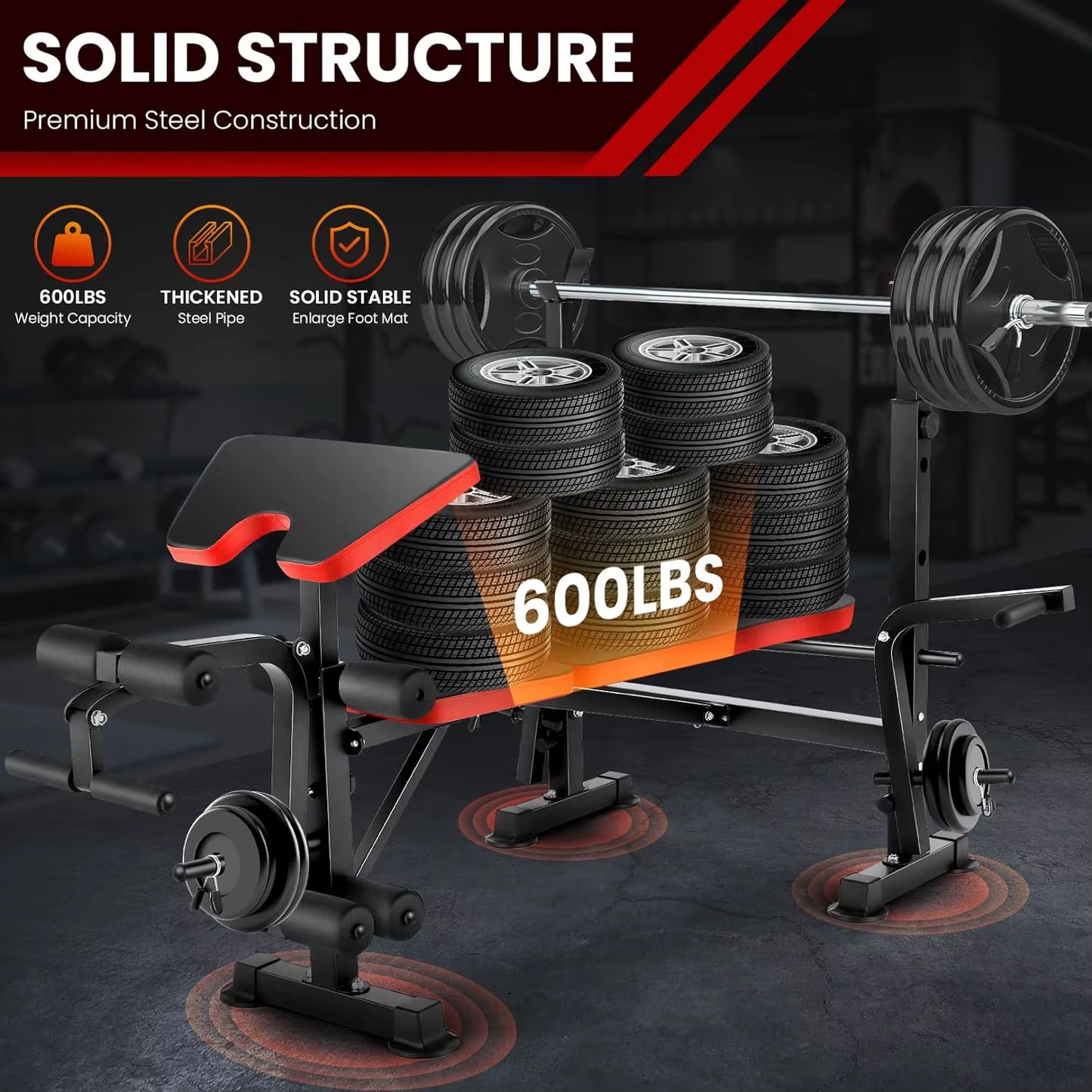6 in 1 660Lbs Weight Bench Set with Squat Rack, Bench Press Set with Barbell Rack, Adjustable Incline Strength Training Workout