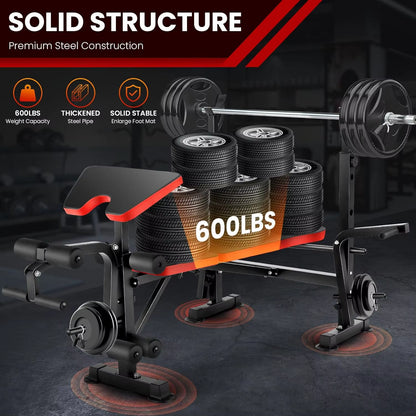 6 in 1 660Lbs Weight Bench Set with Squat Rack, Bench Press Set with Barbell Rack, Adjustable Incline Strength Training Workout