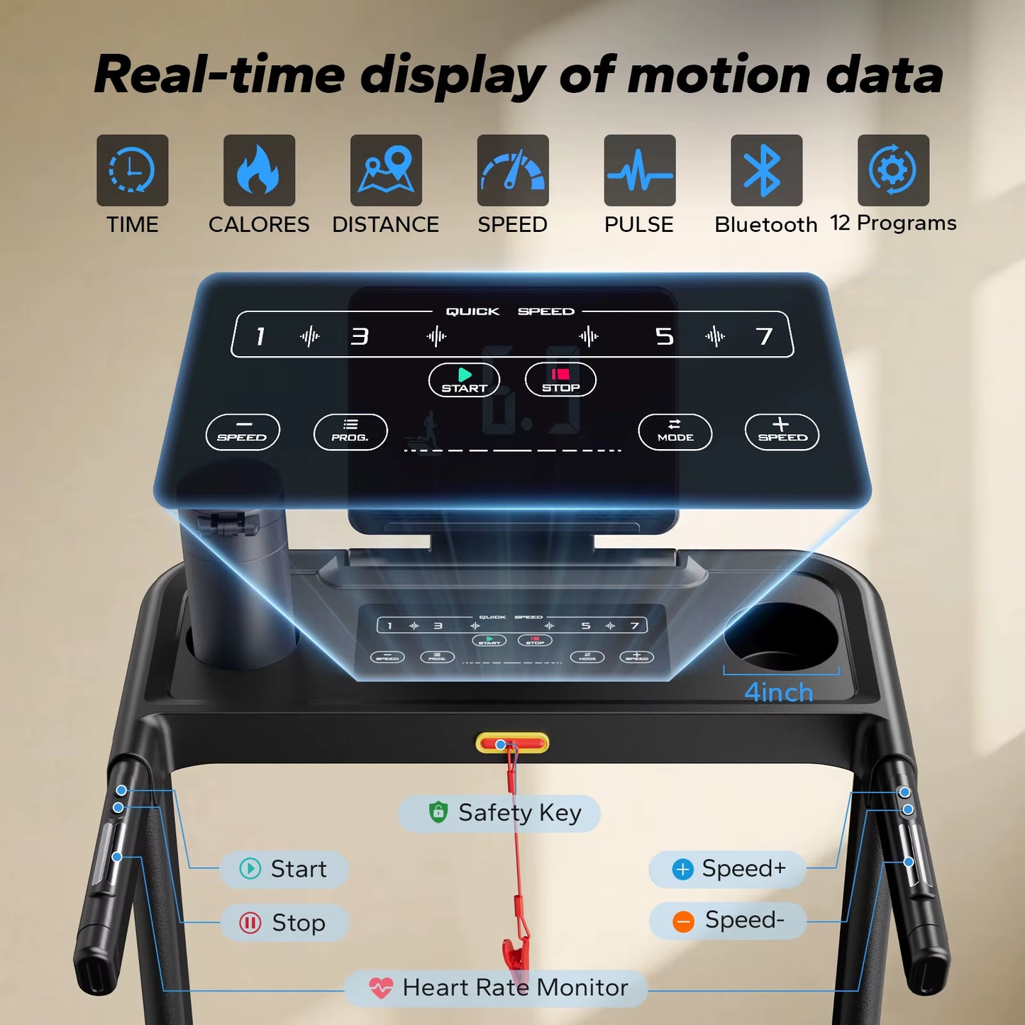 Foldable Treadmill T12 Incline Quiet Treadmills Double Deck Technology 4 Silicone Shock Cushion Heart Rate Monitoring