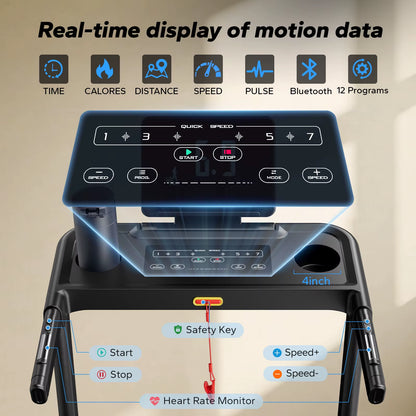 Foldable Treadmill T12 Incline Quiet Treadmills Double Deck Technology 4 Silicone Shock Cushion Heart Rate Monitoring