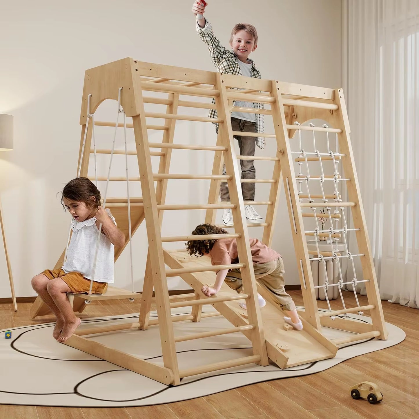 Indoor Jungle Gym, Montessori Climbing Toys, Toddler Indoor Playground Set 8-In-1 with Swing, Armband, Rock Climb Wall, Slide, M