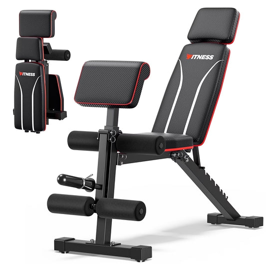 7 Positions Adjustable Weight Bench with Extended Headrest & Preacher Curl,Foldable Workout Bench Olympic Weight Bench for Home Gym Full Body Strength Training,Support up to 800Lbs