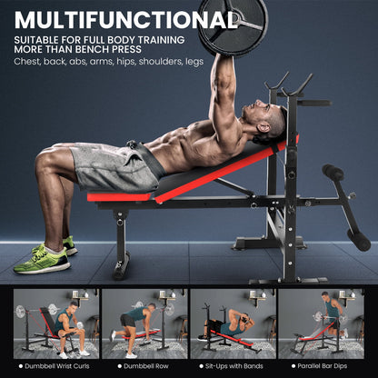 6-In-1 Adjustable Weight Bench Set Bench Press with Squat Barbell Rack/Removable Foot Catch/Rowing Set Ideal for Incline, Flat, Decline, and Sit up Full Body Exercise Equipment
