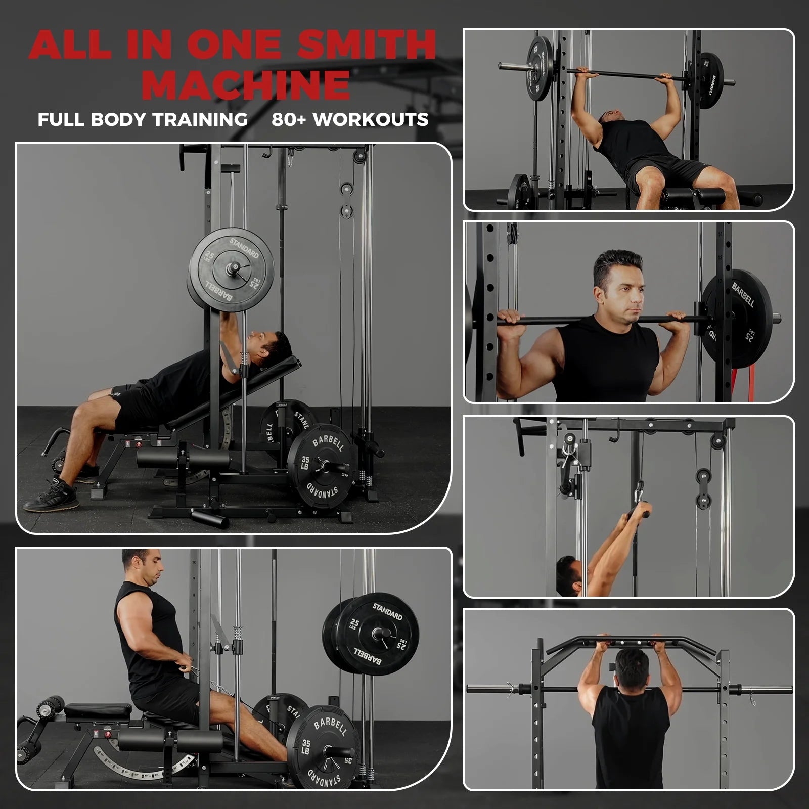 Smith Machine Home Gym, Multi-Functional Squat Rack with Lat Pull down System, Workout Station with Weight Bar, Bend Peg and Other Functional Attachments