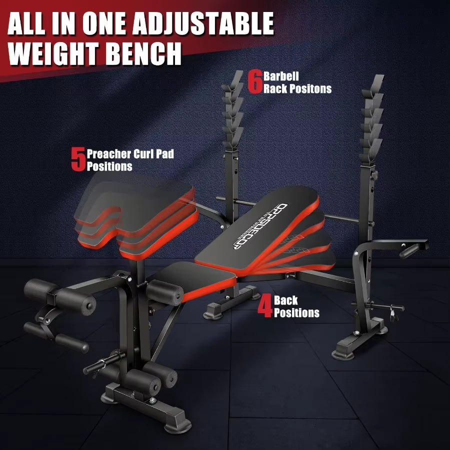 660Lbs 6 in 1 Weight Bench Set with Squat Rack, Workout Bench with Leg Extension Preacher Curl Rack Multi-Function Bench Press S
