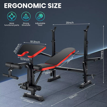 6 in 1 660Lbs Weight Bench Set with Squat Rack, Bench Press Set with Barbell Rack, Adjustable Incline Strength Training Workout