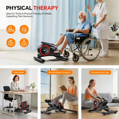 Mini Elliptical Machine under Desk Stepper Elliptical Trainer Portable Leated Foot Pedal Exerciser with Non-Slip Mat & 2 Resistance Bands for Seniors Physical Therapy