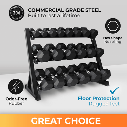 5-50 LBS Rubber Hex Dumbbell Set with Rack, 10 Pair, 550 Lbs, Weight Set for Home Gym, Strength Training, Fitness Center Equipment