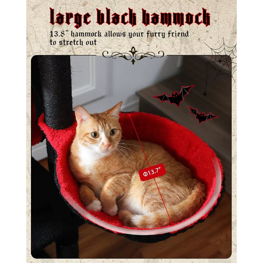 59 Gothic Cat Tree with Coffin Bed for Indoor Cats Spacious Cat Condo Featuring Cozy Hammock Spider Hanging Balls Sisal Scratch