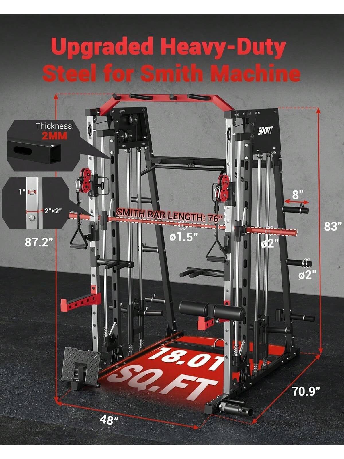 Ataucjin Smith Machine Home Gym All in One, 2200LBS Squat Rack Power Cage Workout Equipment with Smith Bar, LAT Pull-Down Systems, Cable 1, Leg Hold-Down and More Attachments(Ship in 4 Boxes)