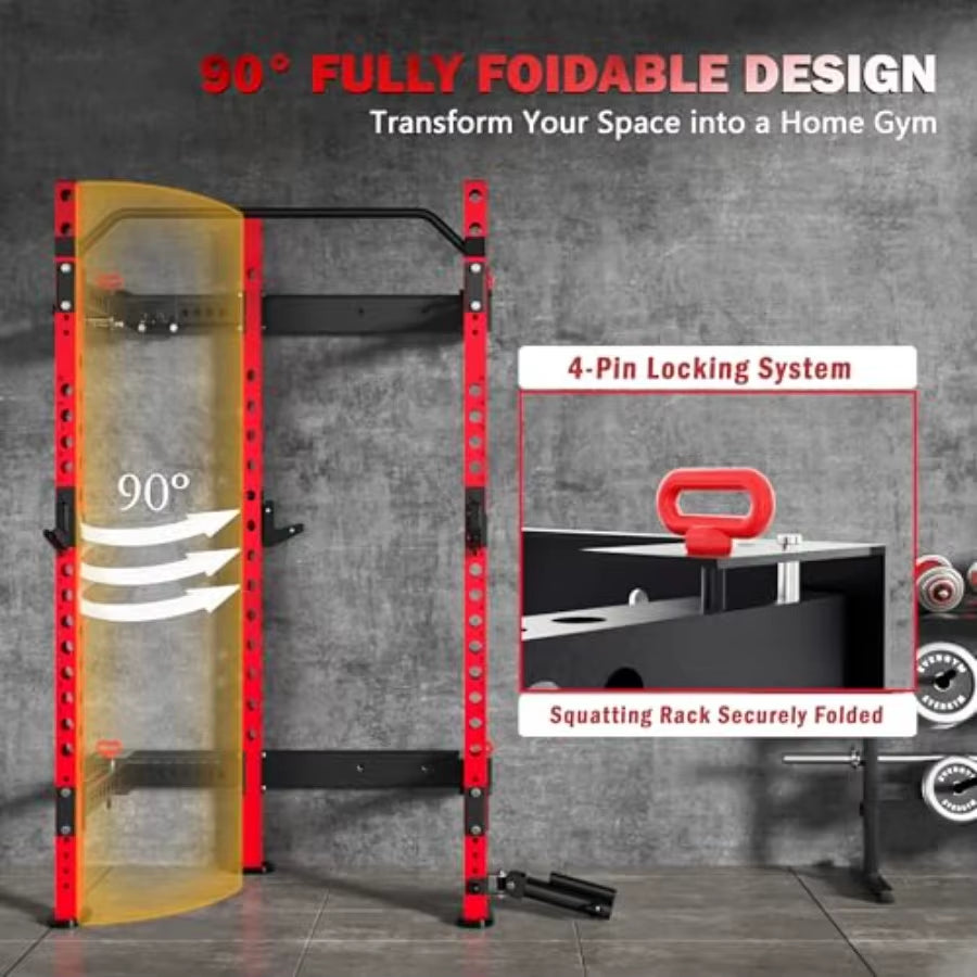 2 X 2 Foldable Squat Rack with 1100LBS Capacity for Home Gym Garage and Training Studios Wallmounted Power Rack Featuring Adjus