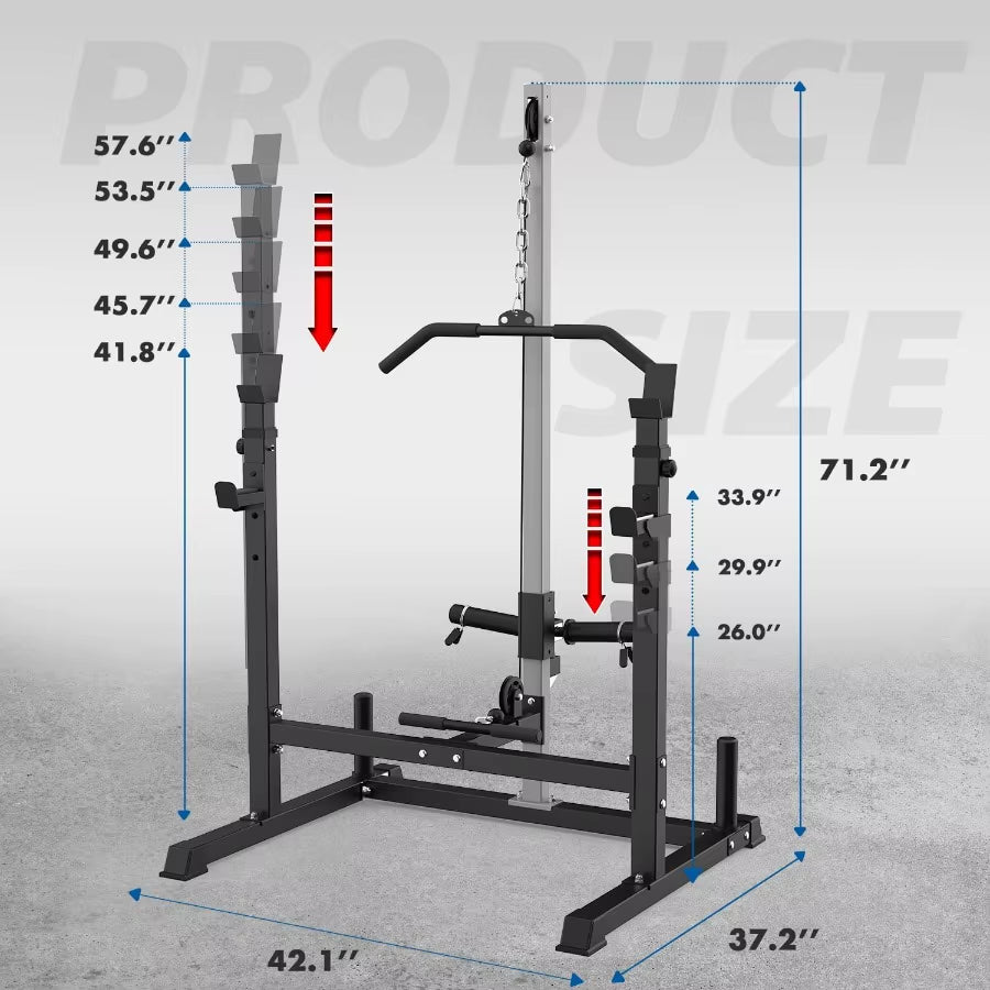 Power Rack with LAT Pulldown Pulley System Adjustable Multifunctional Squat Rack Power Cage with Jhooks Home Gym