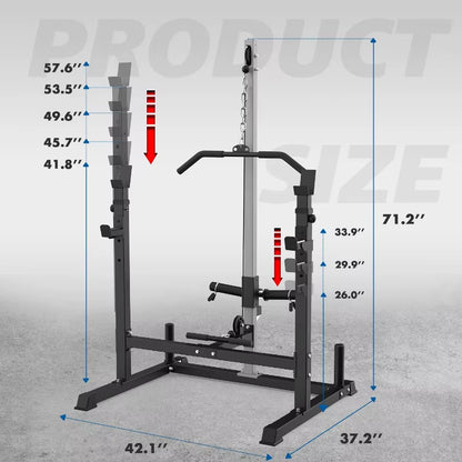 Power Rack with LAT Pulldown Pulley System Adjustable Multifunctional Squat Rack Power Cage with Jhooks Home Gym