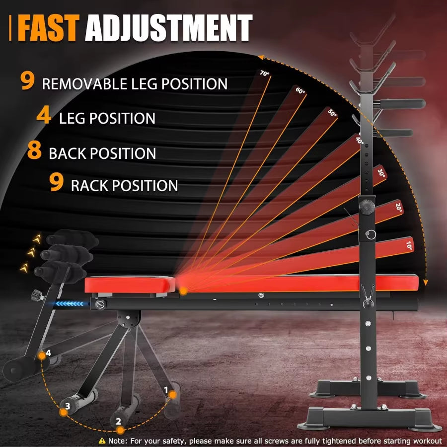 600LBS 6 in 1 Adjustable Weight Bench Set with Incline Decline Flat Sit-Up Function and Squat Rack Foldable Home Gym Workout Be