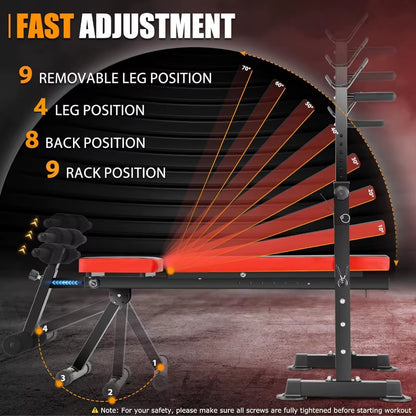 600LBS 6 in 1 Adjustable Weight Bench Set with Incline Decline Flat Sit-Up Function and Squat Rack Foldable Home Gym Workout Be