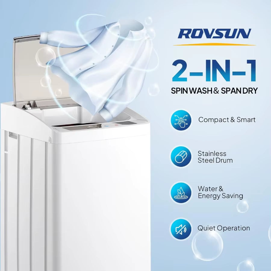 17.8LBS Portable Fullautomatic Electric Washing Machine with Stainless Steel Drum Compact Washer and Spin Dryer Combo Featuring