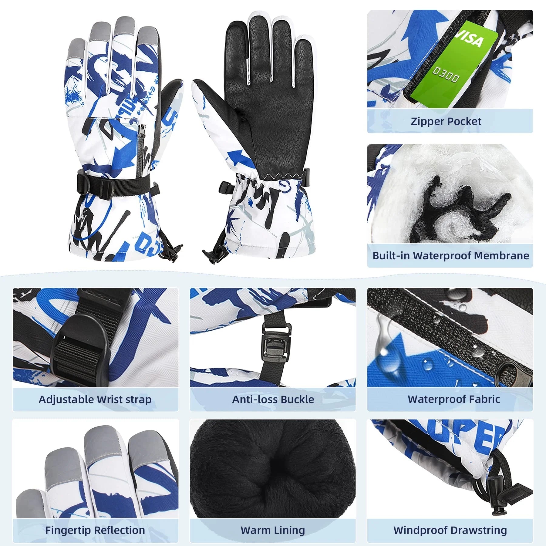 Boys Snowboard Sled Gloves Kids Touchscreen Snow Gloves Girls Windproof Winter Gloves Waterproof Snow Ski Gloves for Kids Graffiti Black 11-14 Years