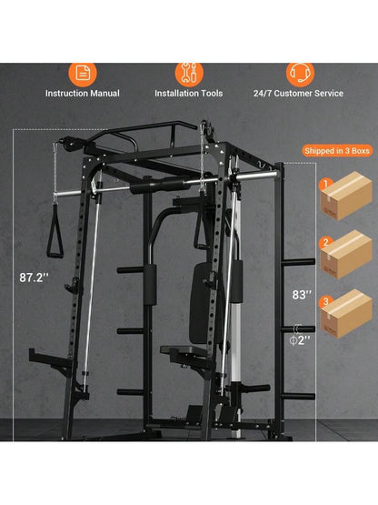 Smith Machine, 2000LBS Power Rack with Smith Bar, Cable Crossover Machine and Chest Station Machine for Home Gym, Multifunctional Home Gym System with LAT Pulldown System and More Attachment