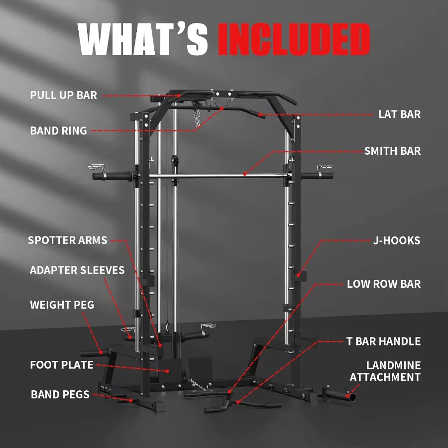 Smith Machine Power Rack with LAT Pulldown System Power Cage with Cable System Squat Rack for Home Gym with Chest Press Machine