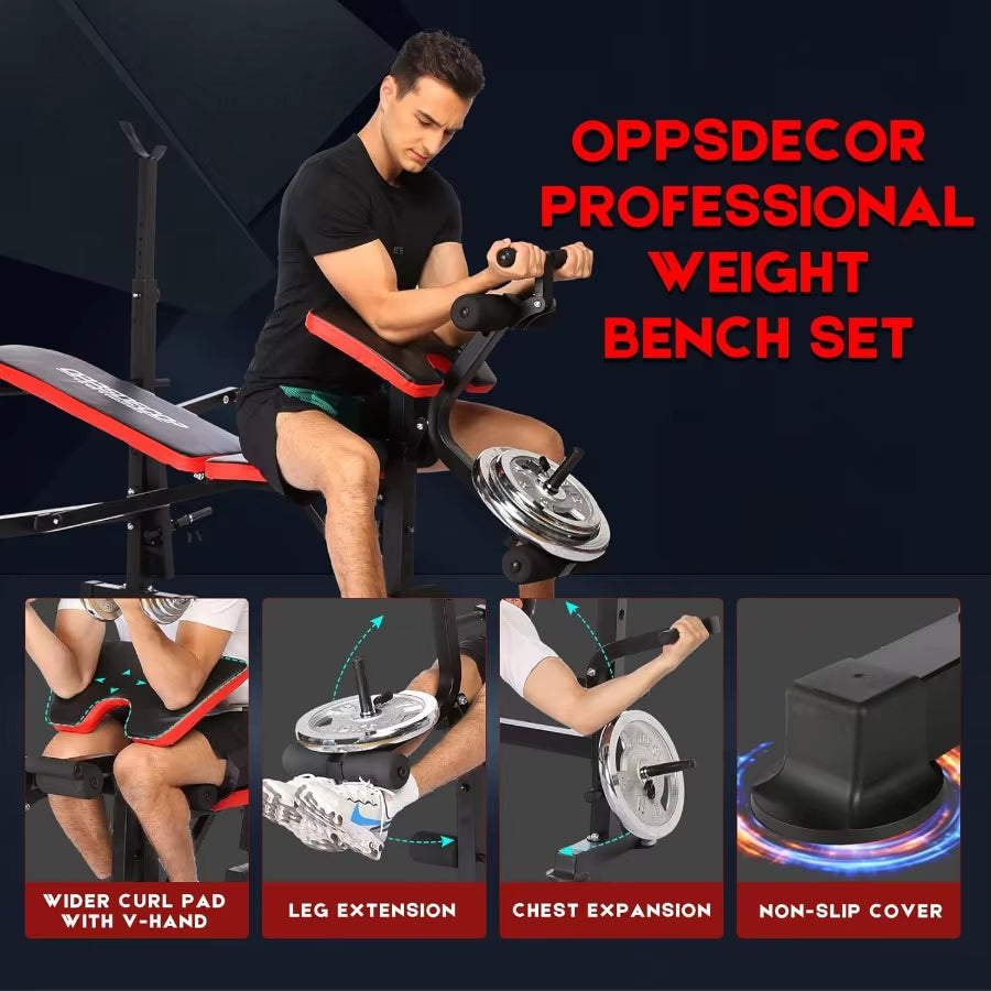660Lbs 6 in 1 Weight Bench Set with Squat Rack, Workout Bench with Leg Extension Preacher Curl Rack Multi-Function Bench Press S