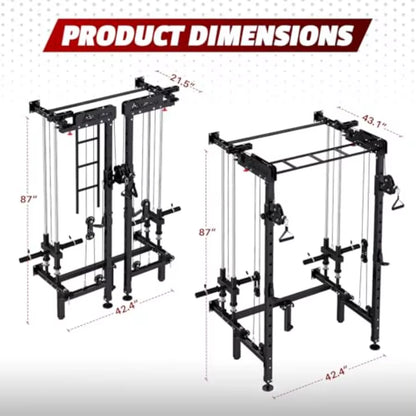 Folding Squat Rack Wall Mounted Power Rack with Cable Crossover Machine and LAT Pull down Multifunction Spacesaving Power Cage
