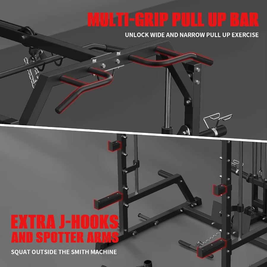 Smith Machine Power Rack with LAT Pulldown System Power Cage with Cable System Squat Rack for Home Gym with Chest Press Machine