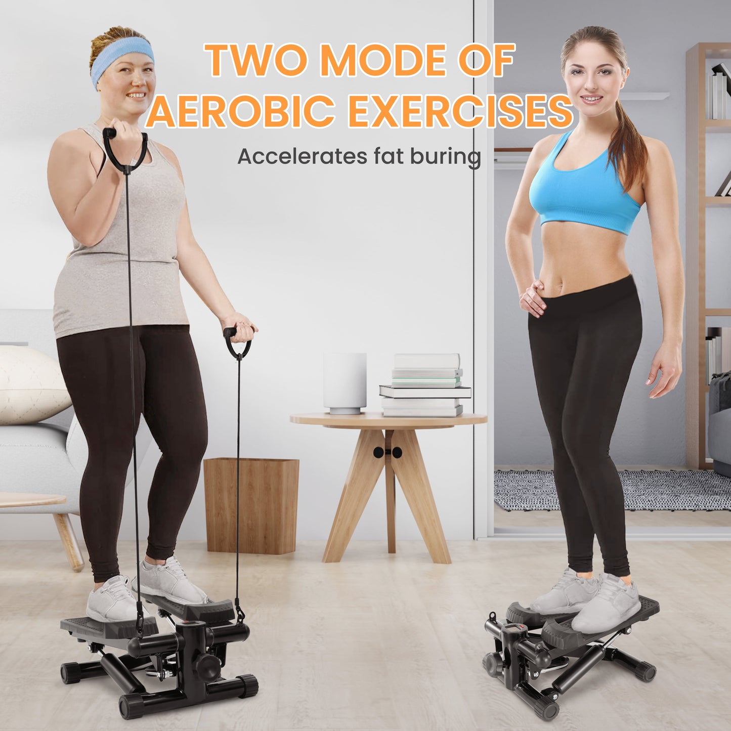 Mini Steppers, Stair Steeper with Resistance Bands, Portable Stepper Capable of Full-Body Exercise, Low Noise and Smooth, 300 Lbs Weight Capacity, Black/ Gray
