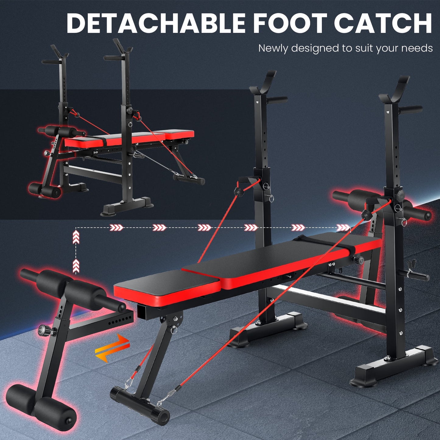 Foldable , Adjustable Weight Bench Set with Barbell Rack Removable Foot Catch for Incline Flat Decline Sit up Bench Press Set for Full Body Exercise