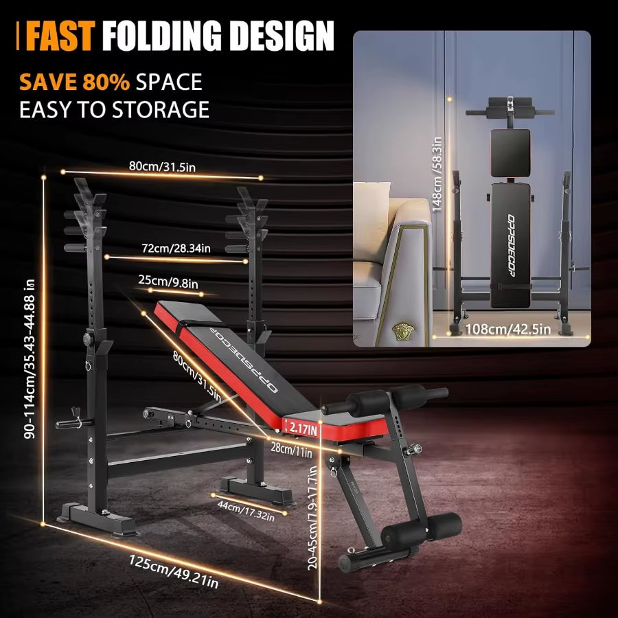 600LBS 6 in 1 Adjustable Weight Bench Set with Incline Decline Flat Sit-Up Function and Squat Rack Foldable Home Gym Workout Be