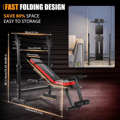 600LBS 6 in 1 Adjustable Weight Bench Set with Incline Decline Flat Sit-Up Function and Squat Rack Foldable Home Gym Workout Be