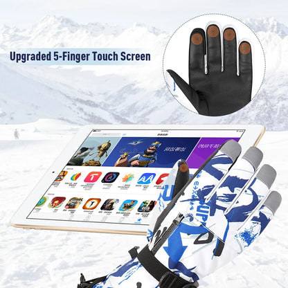 Boys Snowboard Sled Gloves Kids Touchscreen Snow Gloves Girls Windproof Winter Gloves Waterproof Snow Ski Gloves for Kids Graffiti Blue 7-10 Years
