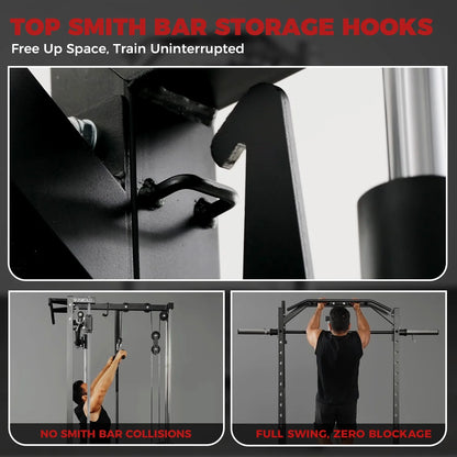 Smith Machine Home Gym, 1800 LBS Multi-Functional Squat Rack with Lat Pull down System, Workout Station with Weight Bar, Bend Peg and Other Functional Attachments