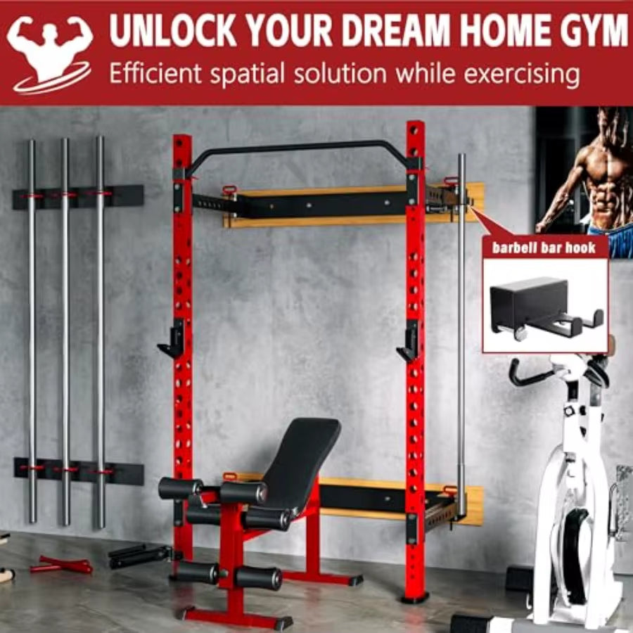 2 X 2 Foldable Squat Rack with 1100LBS Capacity for Home Gym Garage and Training Studios Wallmounted Power Rack Featuring Adjus