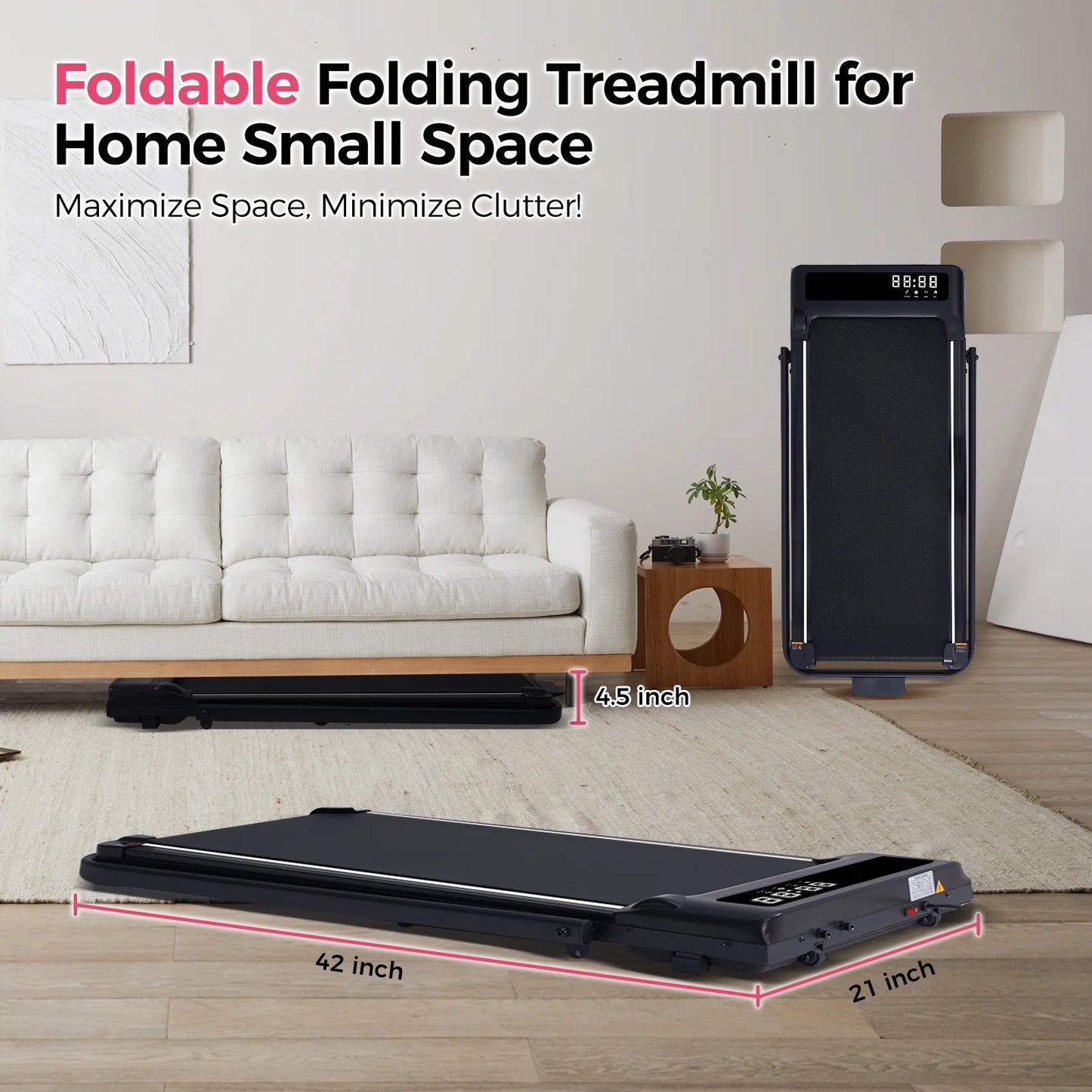 Folding Treadmill with Handles for Home Workouts,Portable Treadmill Compact under Desk Foldable Walking Pad Treadmills with LED Display,320Lbs Capacity