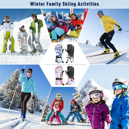 Boys Snowboard Sled Gloves Kids Touchscreen Snow Gloves Girls Windproof Winter Gloves Waterproof Snow Ski Gloves for Kids Graffiti Blue 7-10 Years