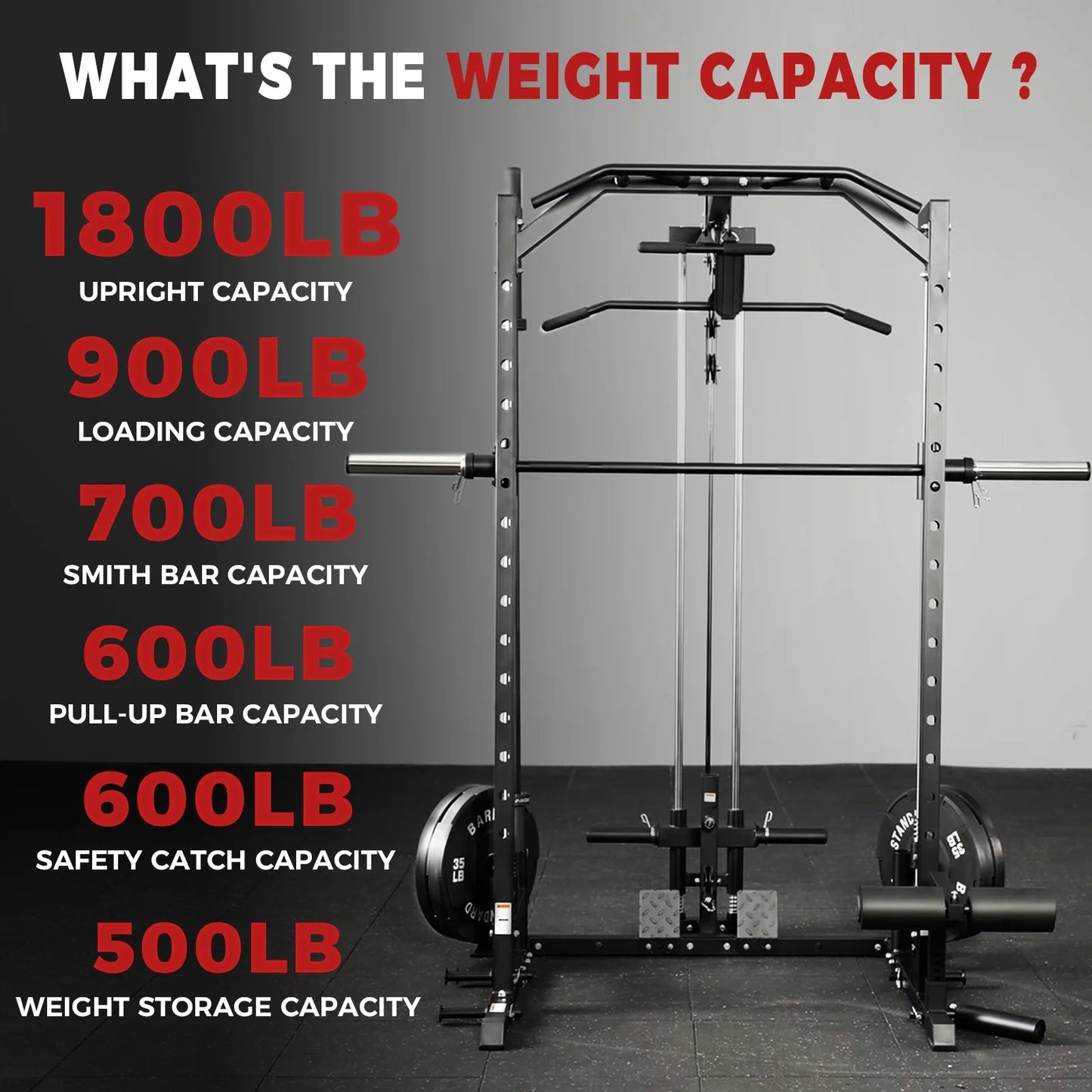 Smith Machine Home Gym, 1800 LBS Multi-Functional Squat Rack with Lat Pull down System, Workout Station with Weight Bar, Bend Peg and Other Functional Attachments