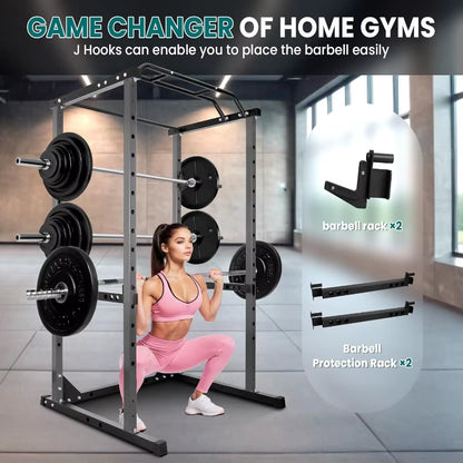 Power Cage 1200LB Squat Rack with Dual Pulley Cable Crossover System for Home Gym: Multifunction Free Weight Workout Machine Fe